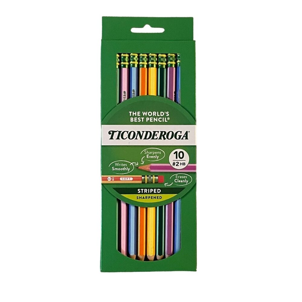 Ticonderoga Striped Wood Pencils, #2 Soft Lead, Pre-sharpened, Pack Of 10